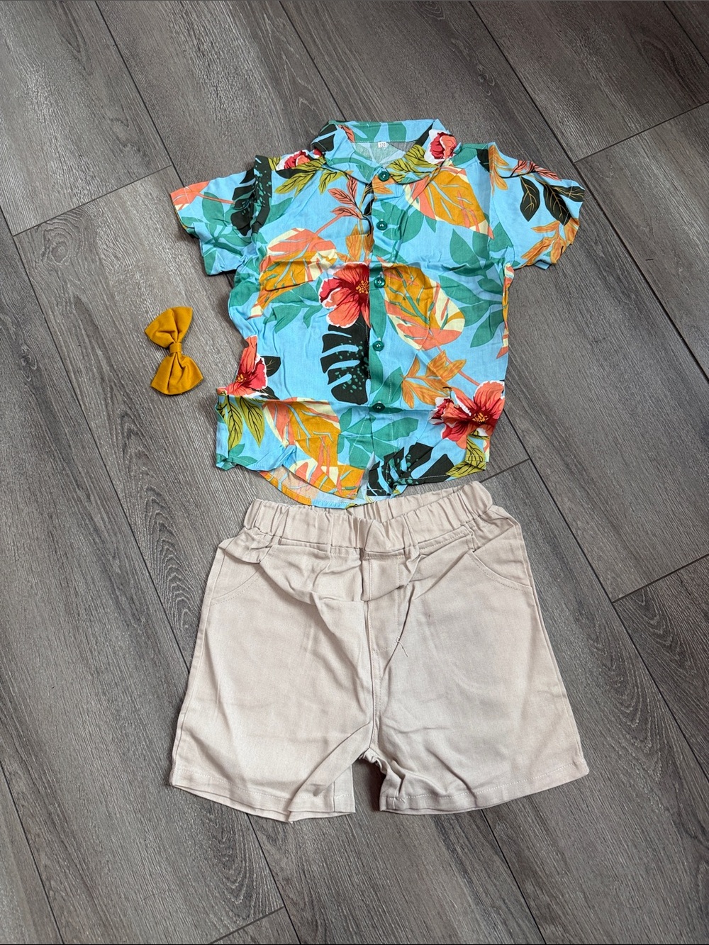 Kids Turquoise Tropical Shirt with Cream Shorts